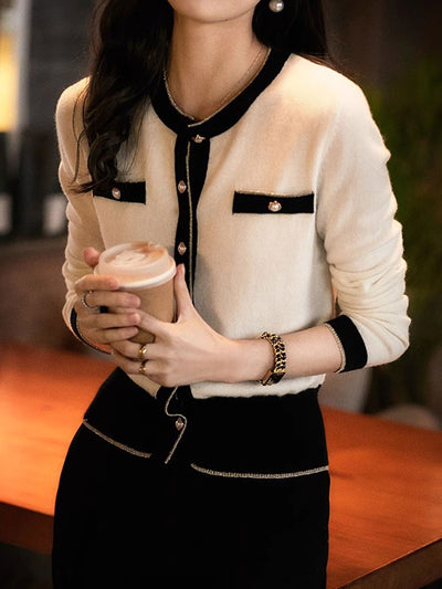 Sophia Classic Crew Neck Contrasted Knitted Cardigan