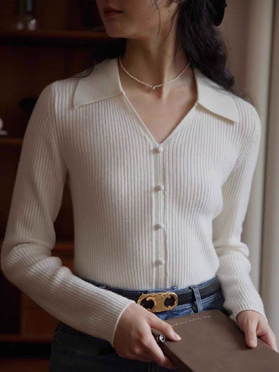 Zoey Retro V-Neck Solid Color Knitted Top