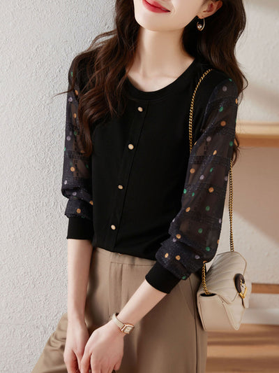 Jessica Classic Polka-Dot Chiffon Sleeve Knitted Top