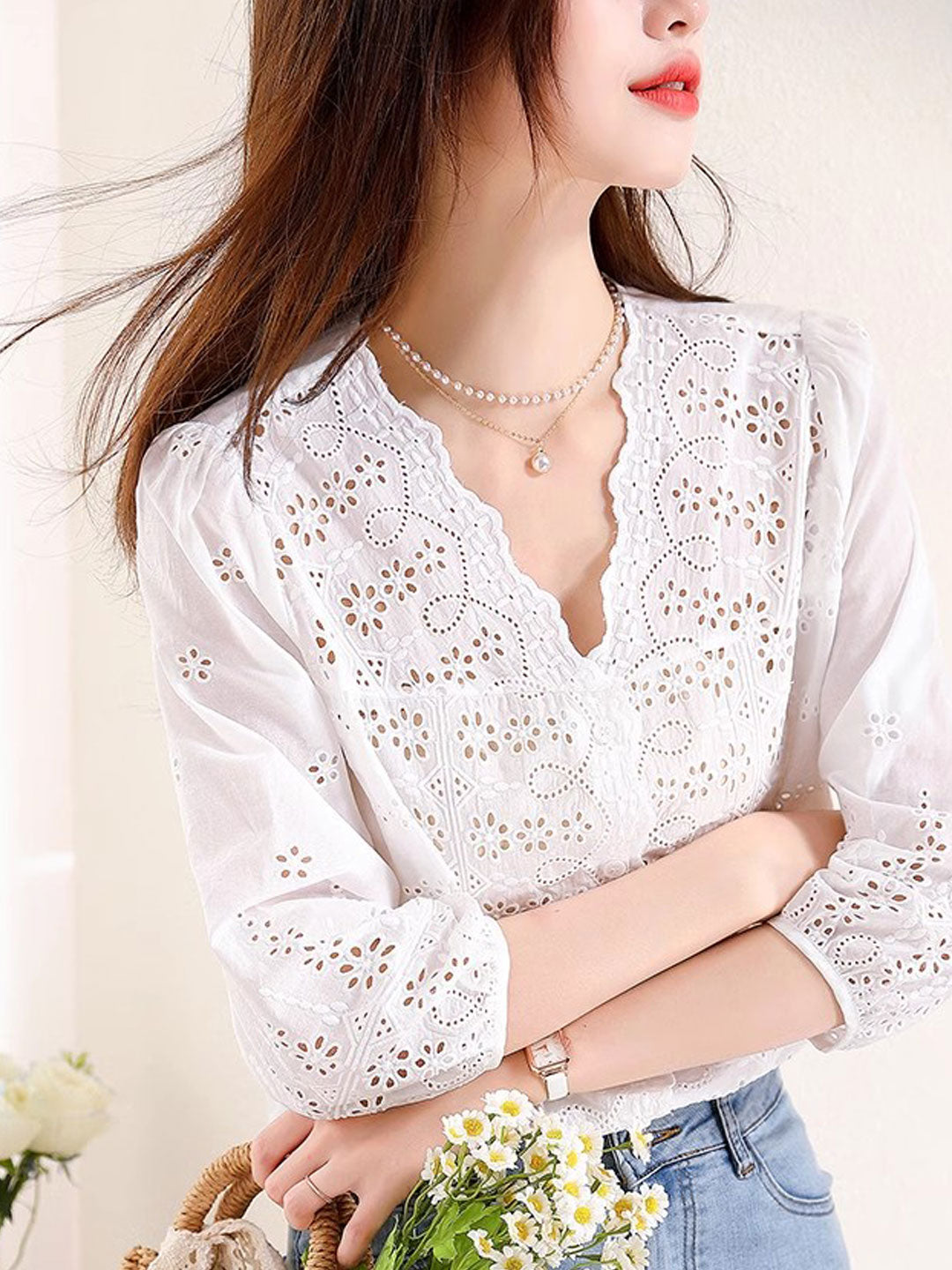 Kayla Retro V-Neck Embroidered Hollowed Top