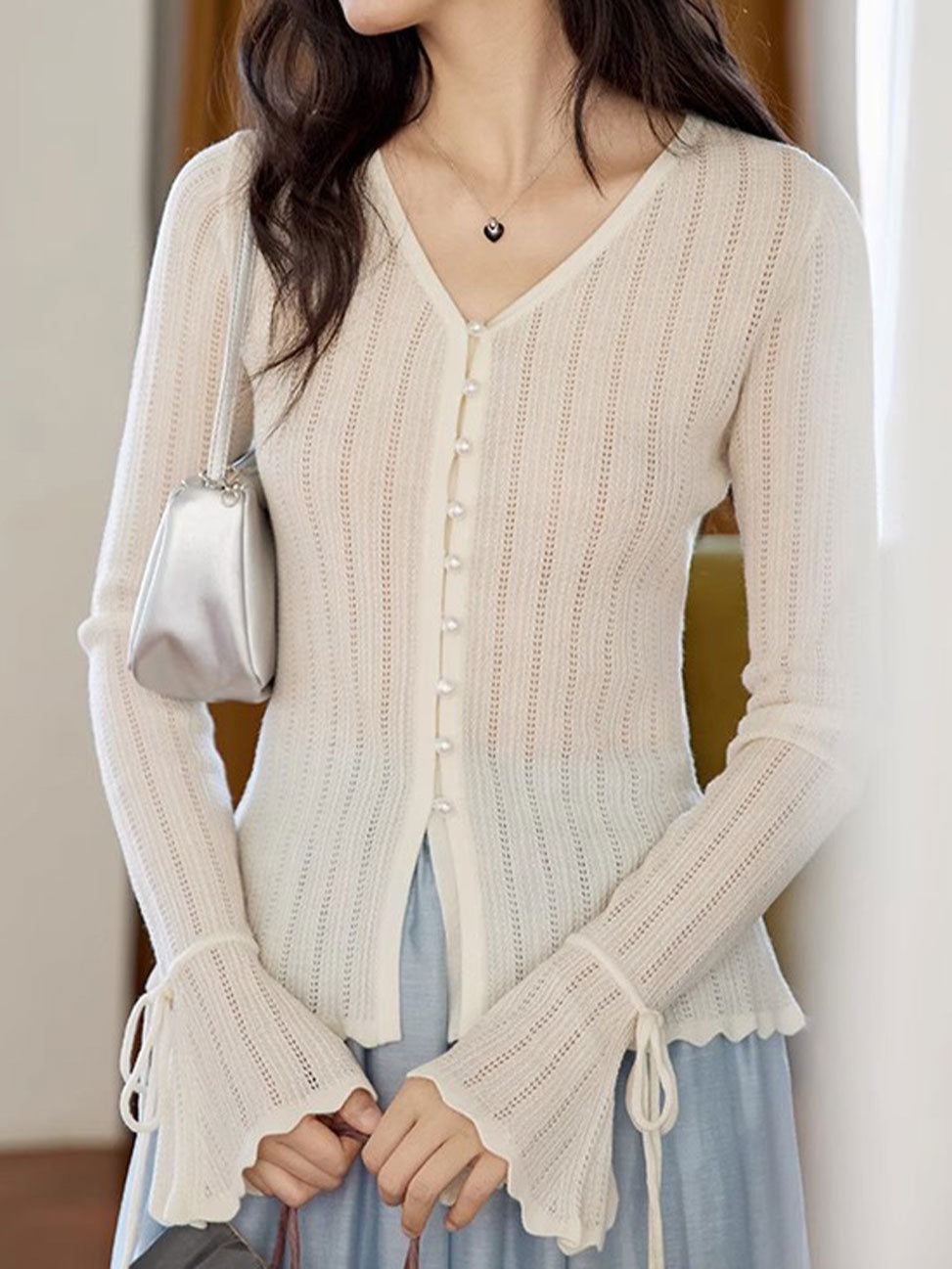 Zoe Slim V-Neck Flare Sleeve Pearl Hollowed Knitted Cardigan