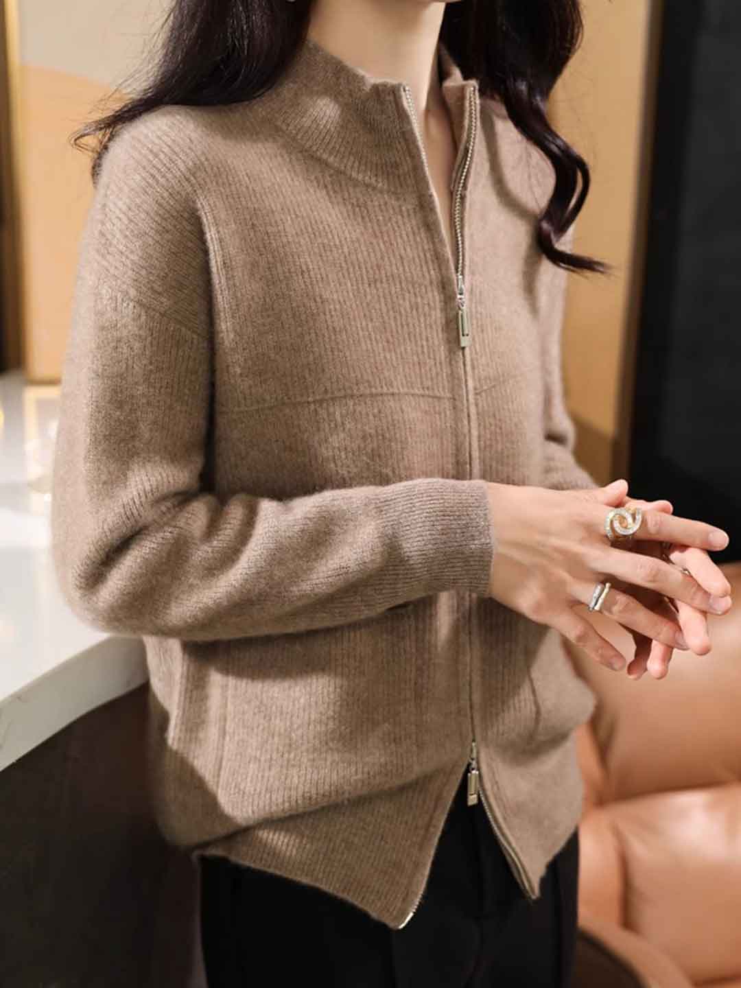 Hannah Loose Turtleneck Zippered Knitted Cardigan