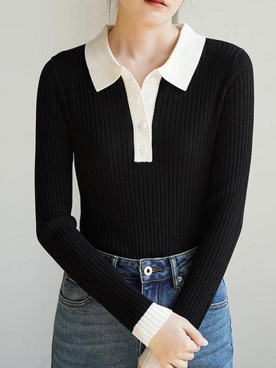 Jessica Retro Contrast Color Slim Knitted Sweater-Green