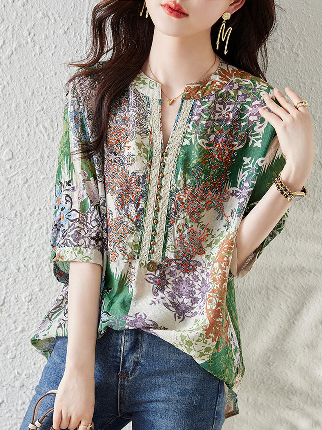 Natalie V-Neck Loose Beaded Printed Blouse