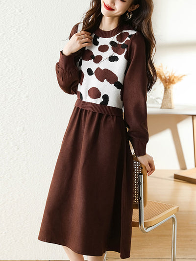 Olivia Classic Waist Puff Sleeve Patchwork Sweater Dress Set