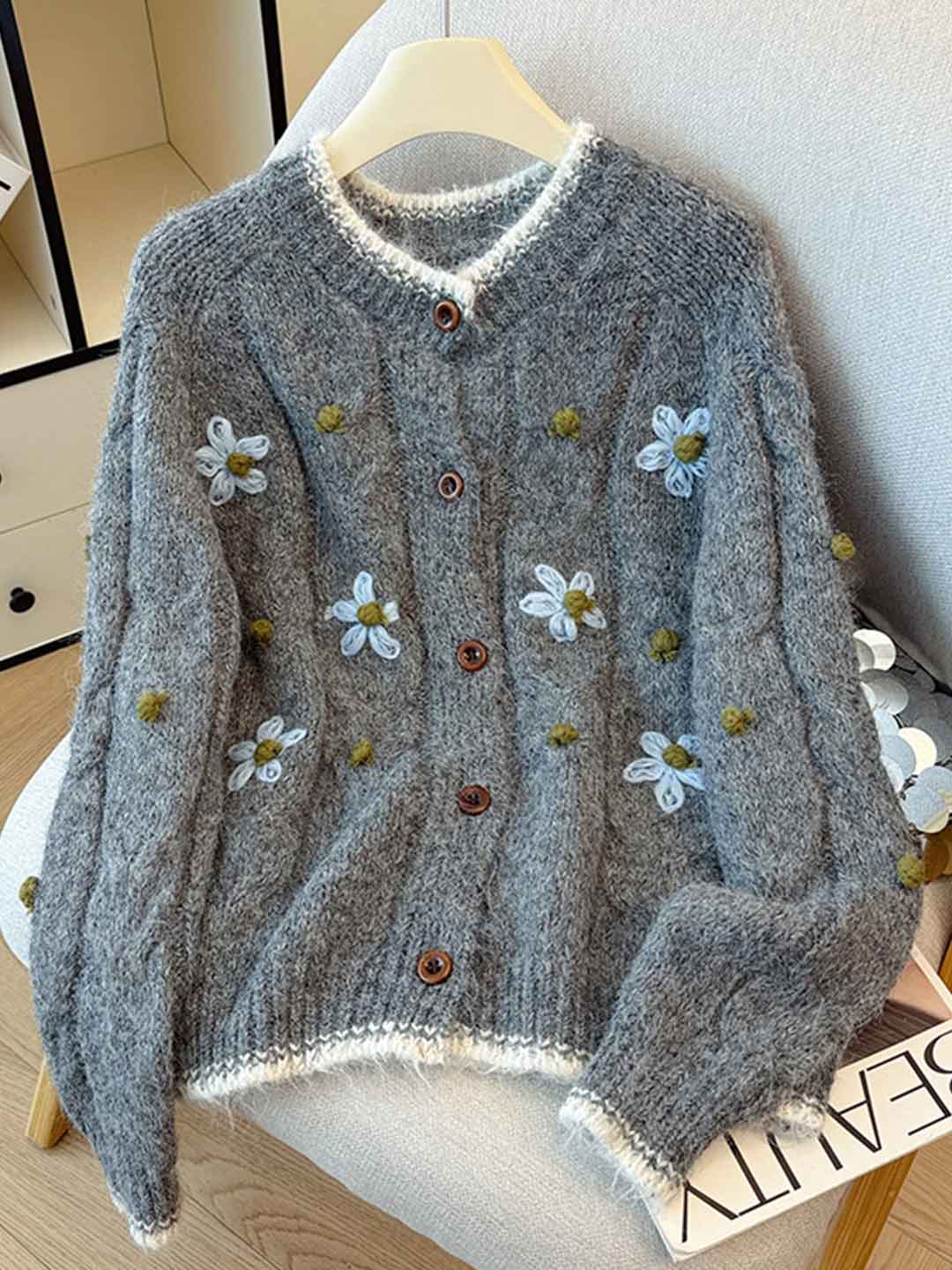 Sarah Classic Crew Neck Floral Crochet Knitted Sweater
