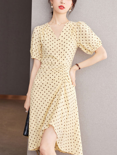 Chloe V-Neck Polka Dot Printed Irregular Dress-Yellow