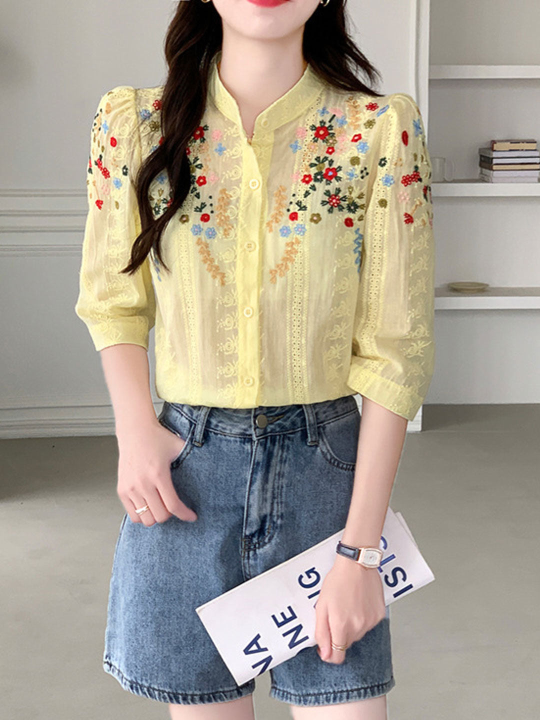 Brianna Vintage Embroidered Jacquard Top-Yellow