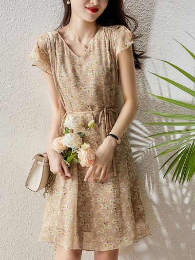 Hannah Classic V-neck Floral Printed Chiffon Dress