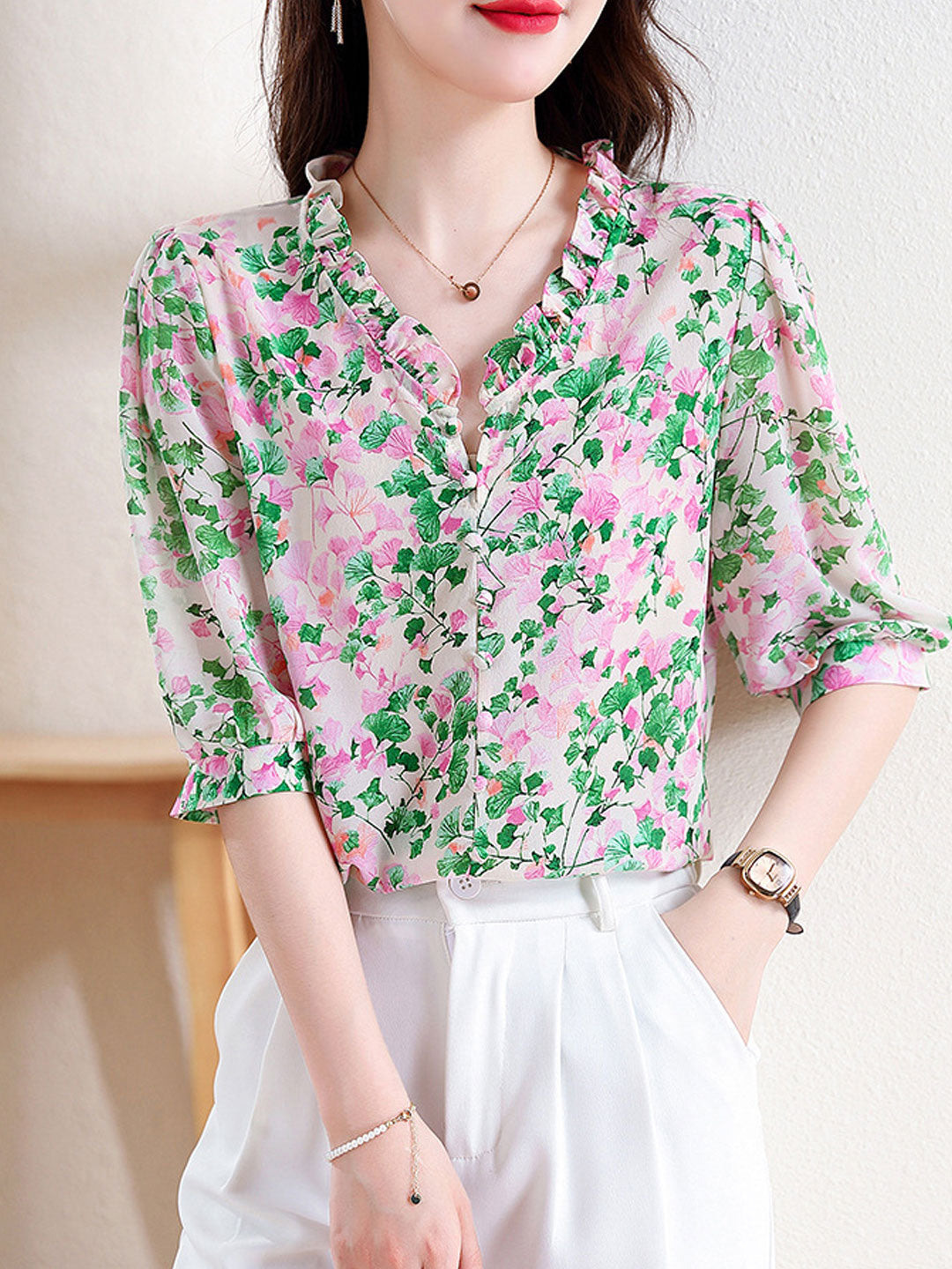 Mia Vacation V-Neck Ruffled Floral Chiffon Top-Red