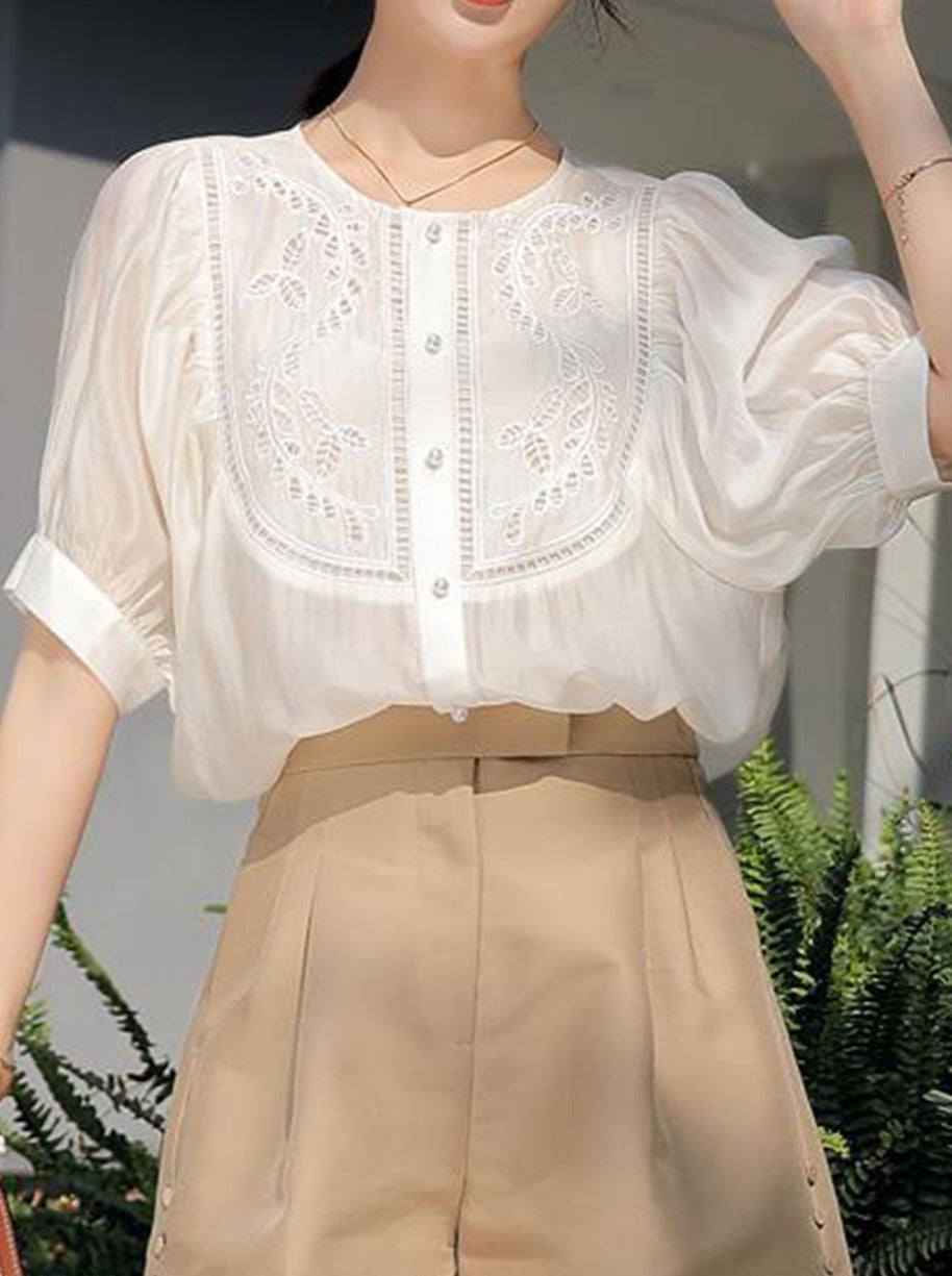 Grace Classic Hollowed Pleated Embroidered Top-White