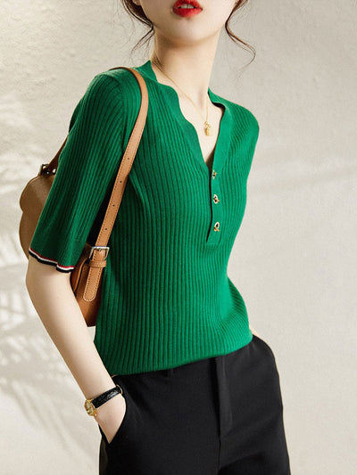 Kylie Elegant V-Neck Stripe Knitted Top-Green