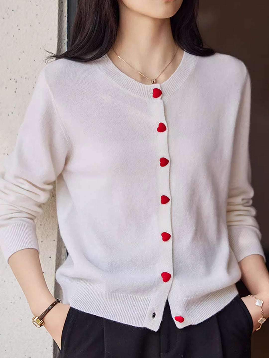 Raya Elegant Crew Neck Heart Button Knitted Cardigan-Pink