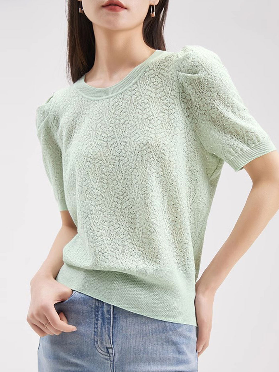 Bailey Loose Crew Neck Hollowed Perm Knitted Top-Green