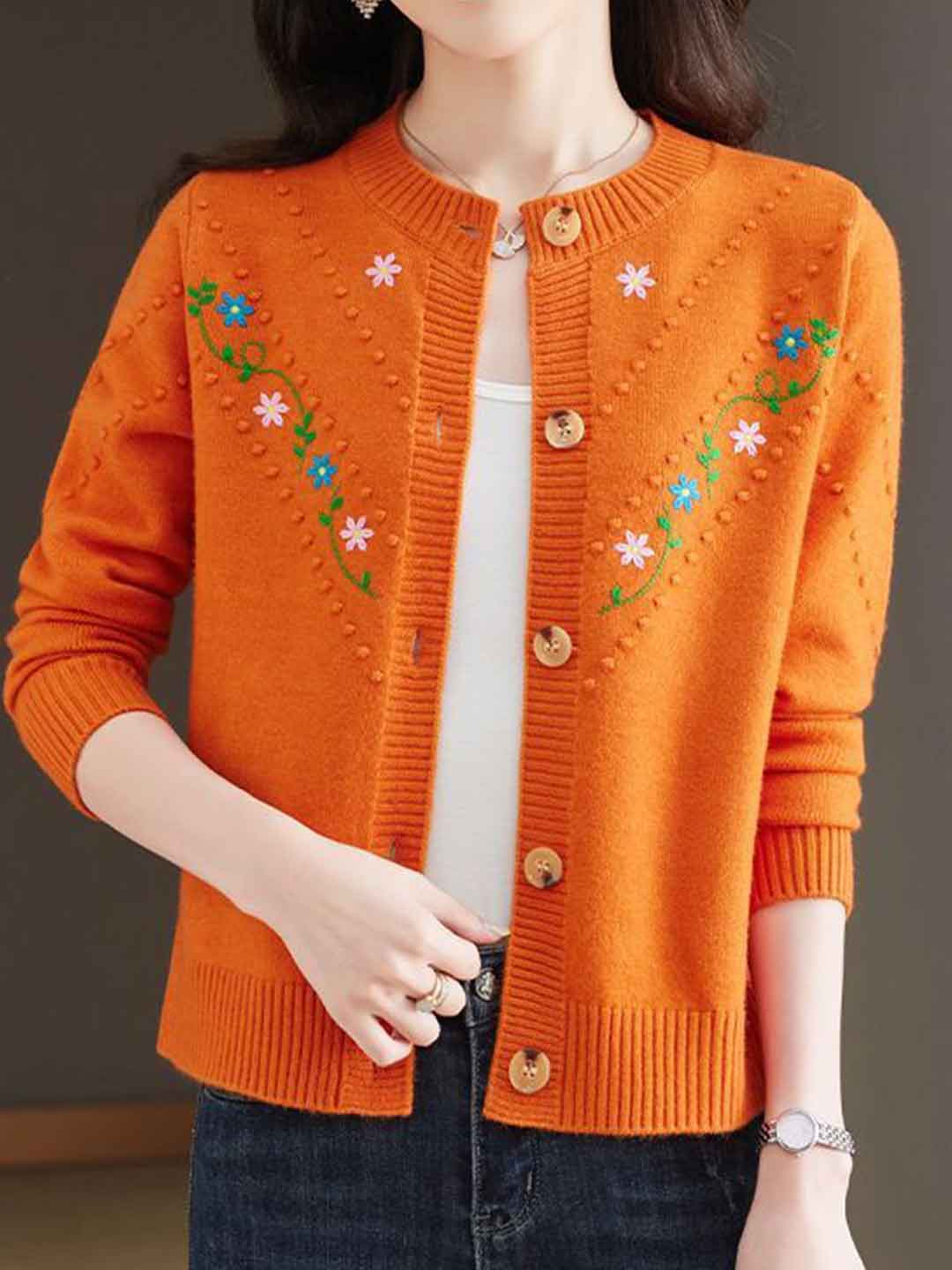 Faith Classic Crew Neck Embroidered Floral Knitted Cardigan