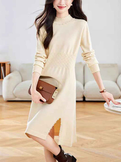 Victoria Casual Turtleneck Beaded Knitted Sweater Dress