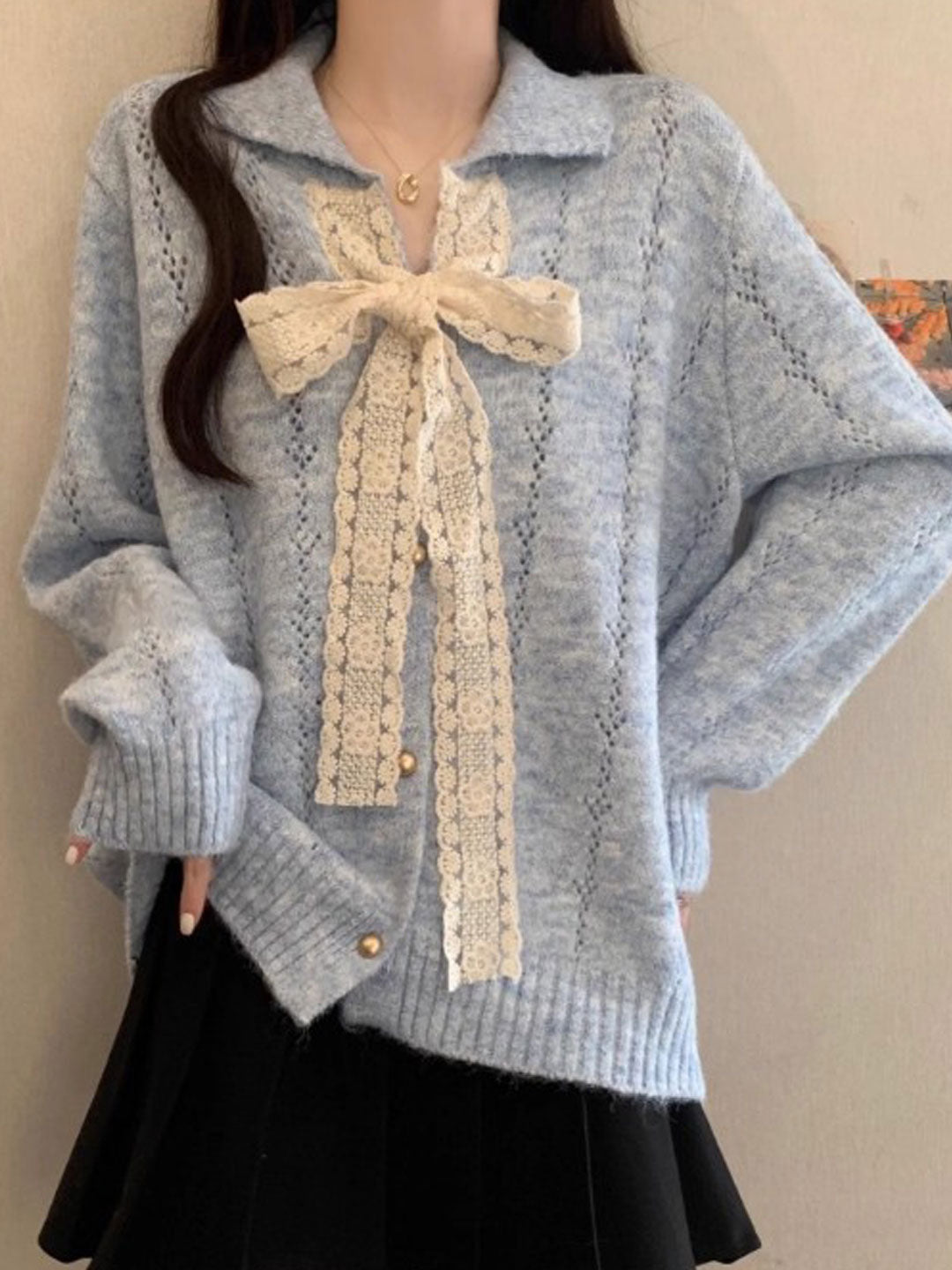 Brianna Retro Lapel Hollowed Lace Knitted Cardigan
