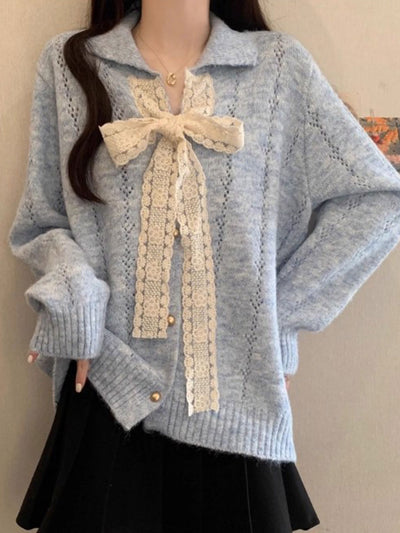 Brianna Retro Lapel Hollowed Lace Knitted Cardigan