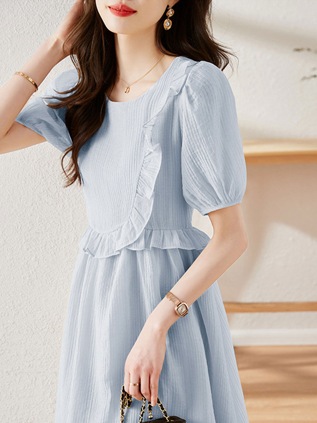 Rachel Vintage Crew Neck Ruffle Dress-Blue