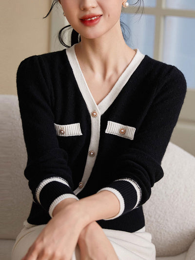 Hannah Casual V-Neck Textured Jacquard Knitted Sweater