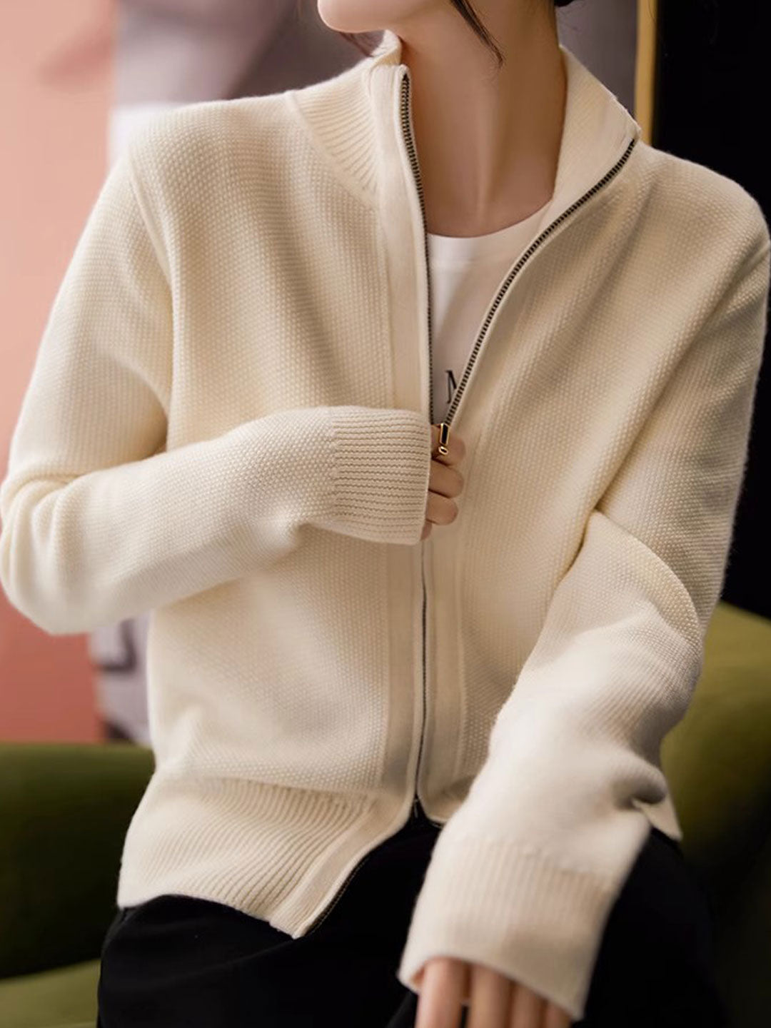Emily Loose Zipper Solid Color Knitted Cardigan