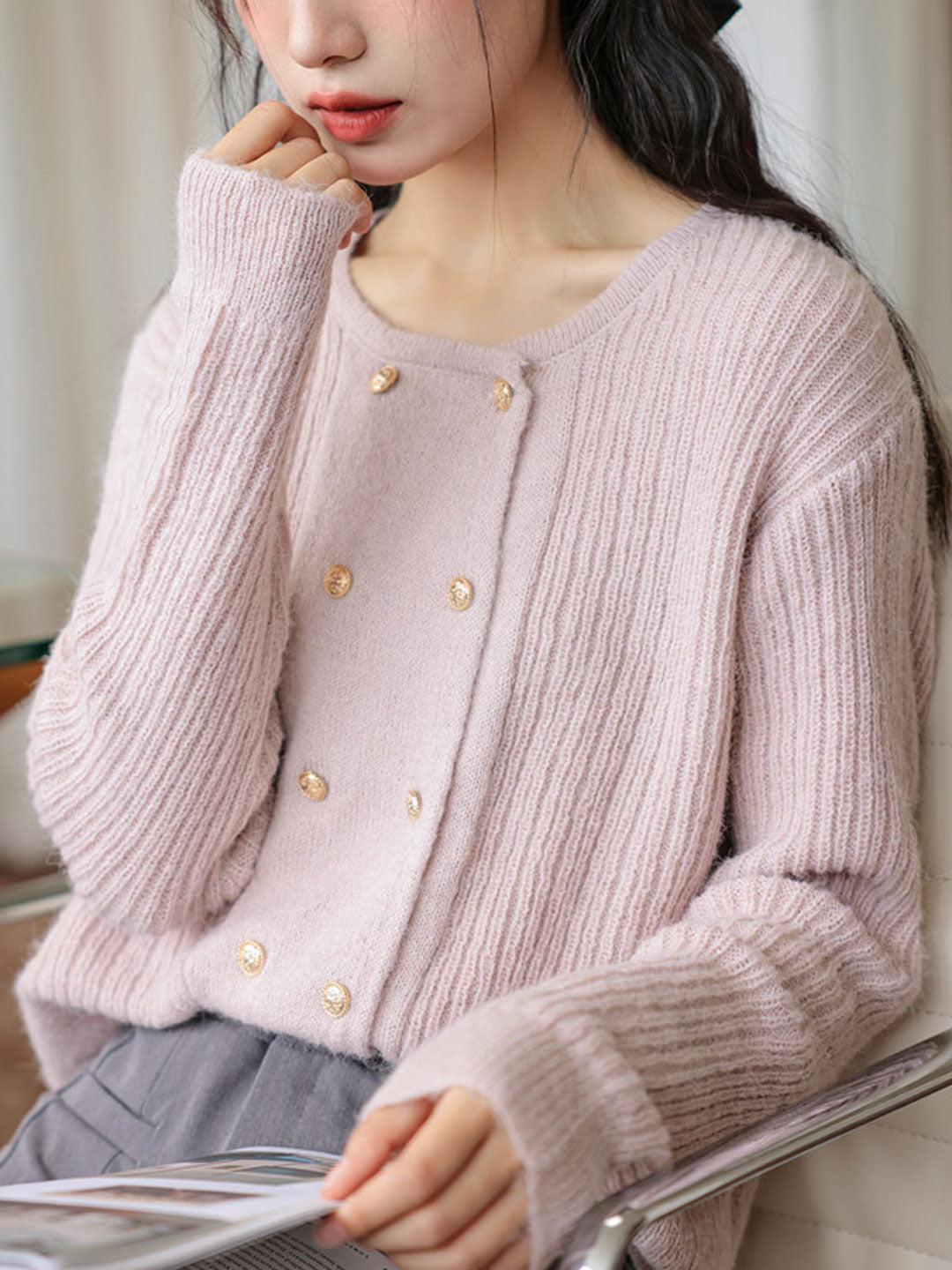 Emily Loose Crew Neck Double-Breasted Knitted Cardigan