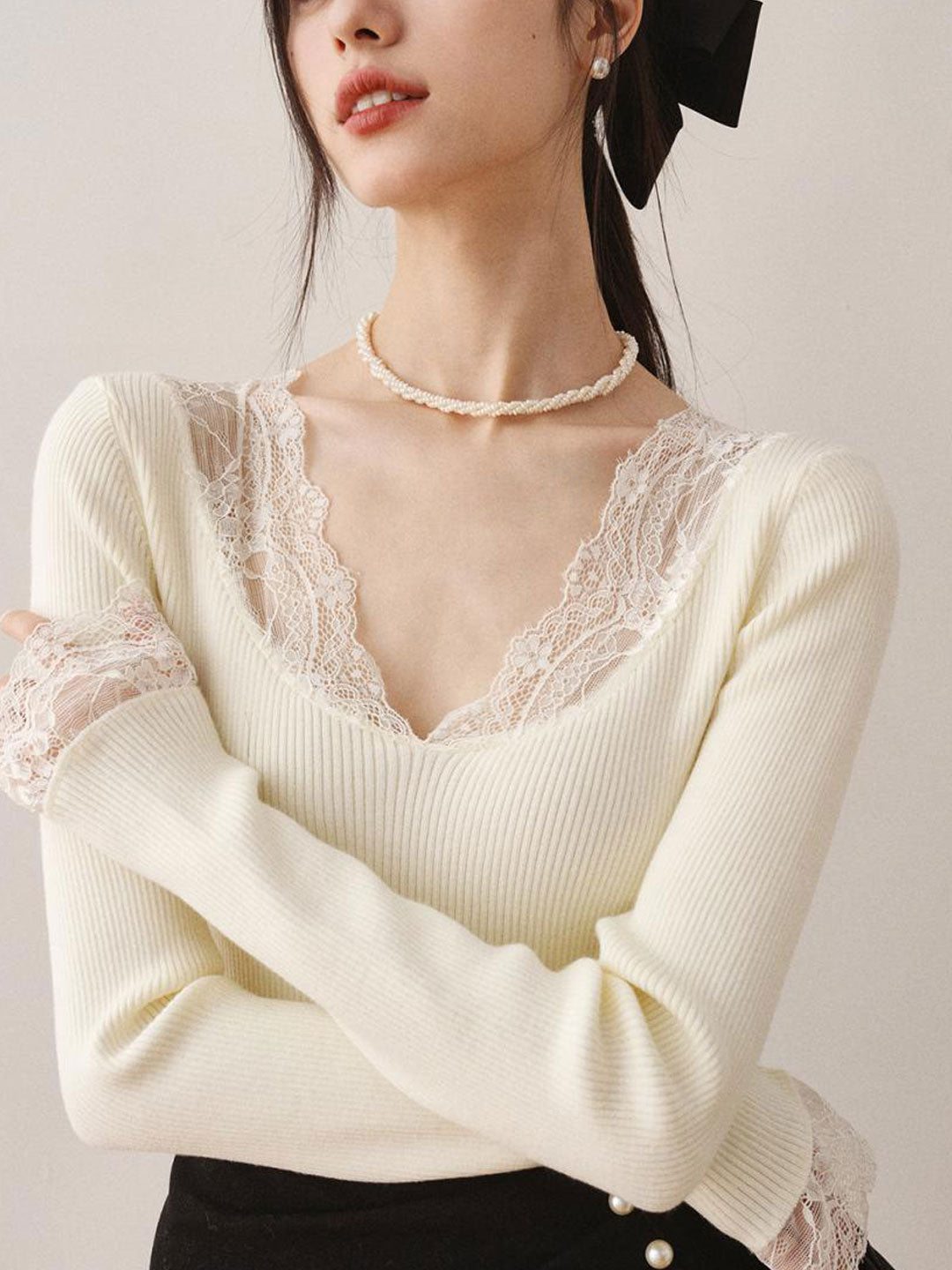 Brianna V-Neck Lace Knitted Sweater