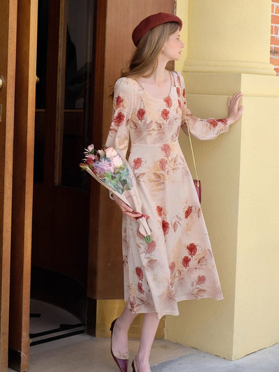 Kayla Vintage Rose Printed Velvet Dress