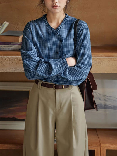 Madison Vintage V-Neck Ruffle Plaid Shirt