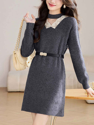 Brianna Vintage V-Neck Lace Patchwork Knitted Dress