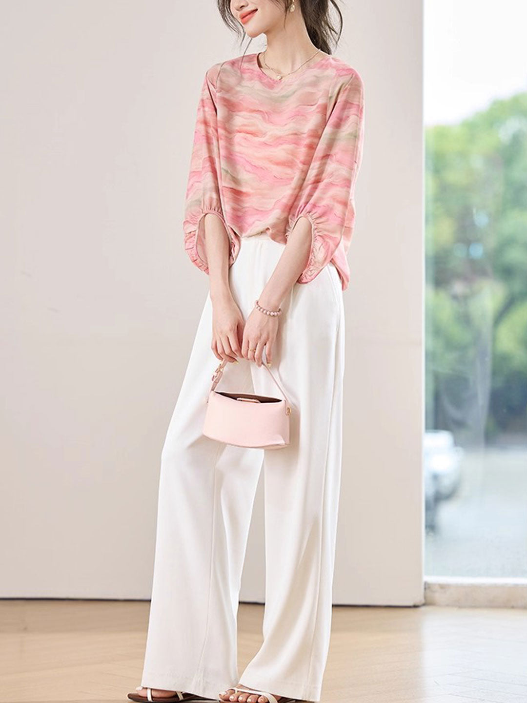 Rachel Loose Crew Neck Lantern Sleeve Chiffon Top