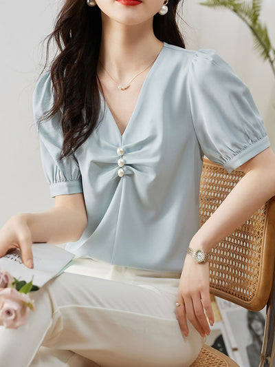 Bella Elegant Beaded Pleated Satin Shirt