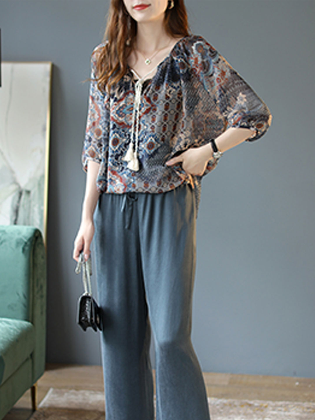 Kayla Loose Lantern Sleeve Auricular Floral Chiffon Top