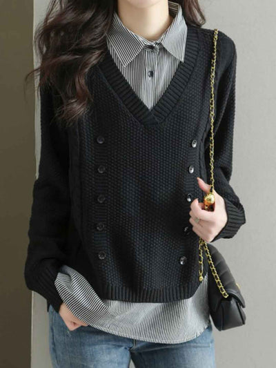 Jocelyn Loose Mock Two-Piece Striped Knitted Top