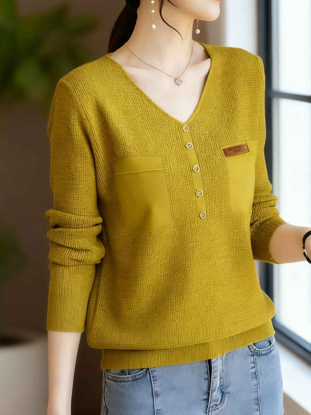 Zoey Loose V-Neck Buttons Pullover Knitted Sweater
