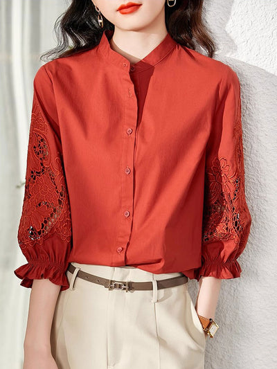 Kayla Casual Embroidered Shirt-Red