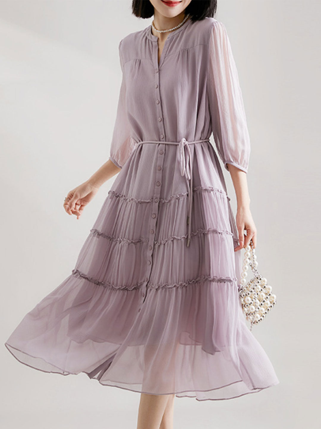 Sophie Elegant Pleated Tie Dress-Purple