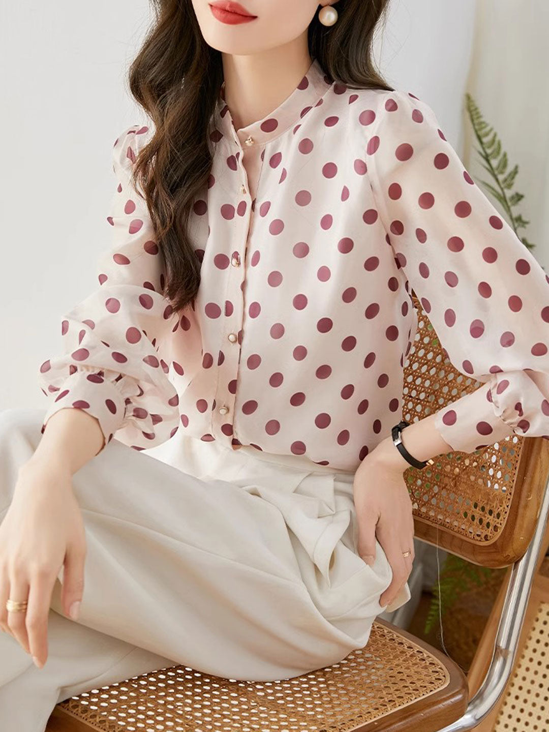 Alexis Retro Polka Dot Printed Chiffon Shirt-Pink