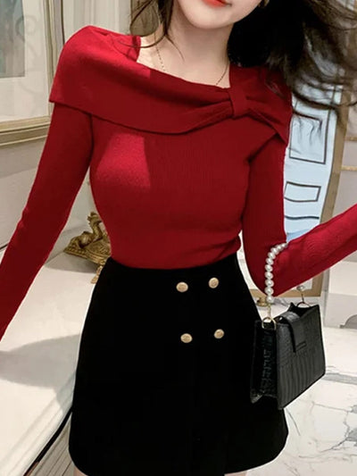 Brianna Off-Neck Bow Knitted Sweater-White