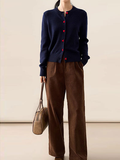 Raya Elegant Crew Neck Heart Button Knitted Cardigan-Pink