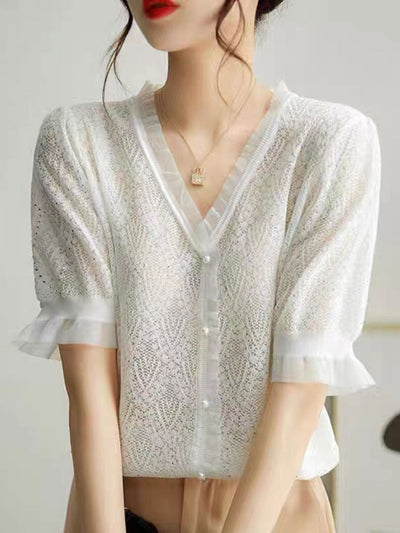 Kayla Elegant V-neck Auricular Knitted Sweater-White