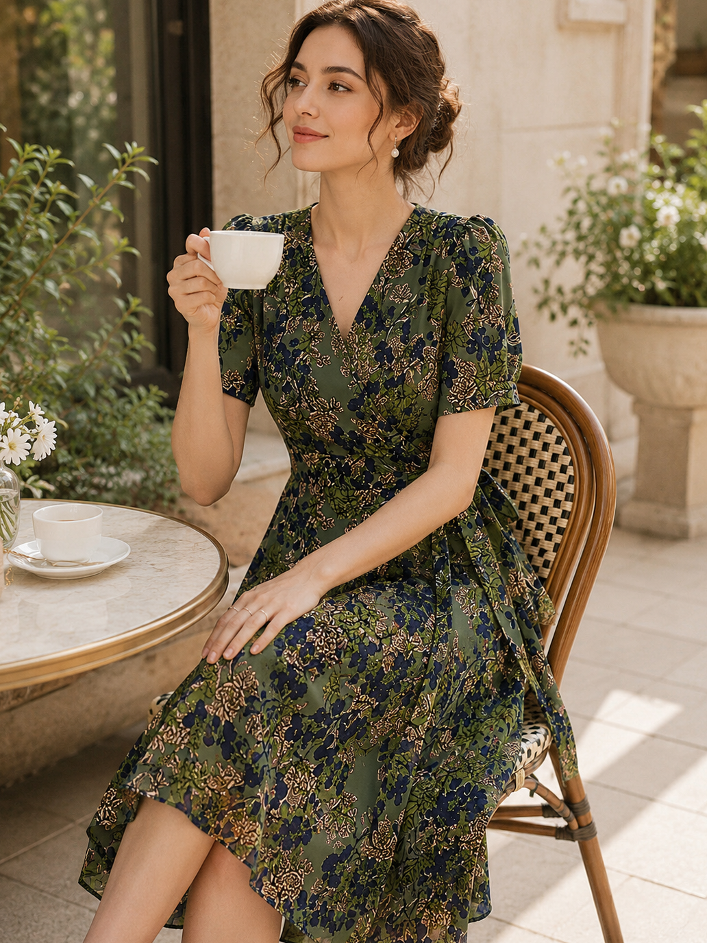 Abigail Cute V-Neck Floral Printed Dress, M / Green