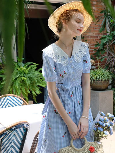 Melanie Vintage Embroidered Plaid Doll Collar Dress