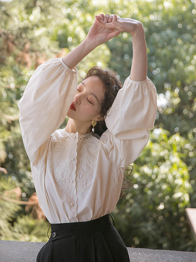 Ally Retro Embroidered Lantern Sleeve Blouse