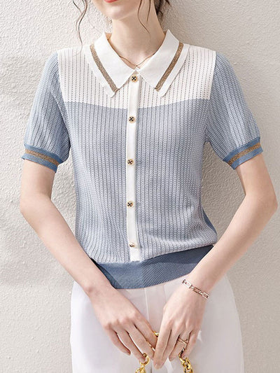 Lauren Classic Stitching Loose Knitted Sweater Top-Blue
