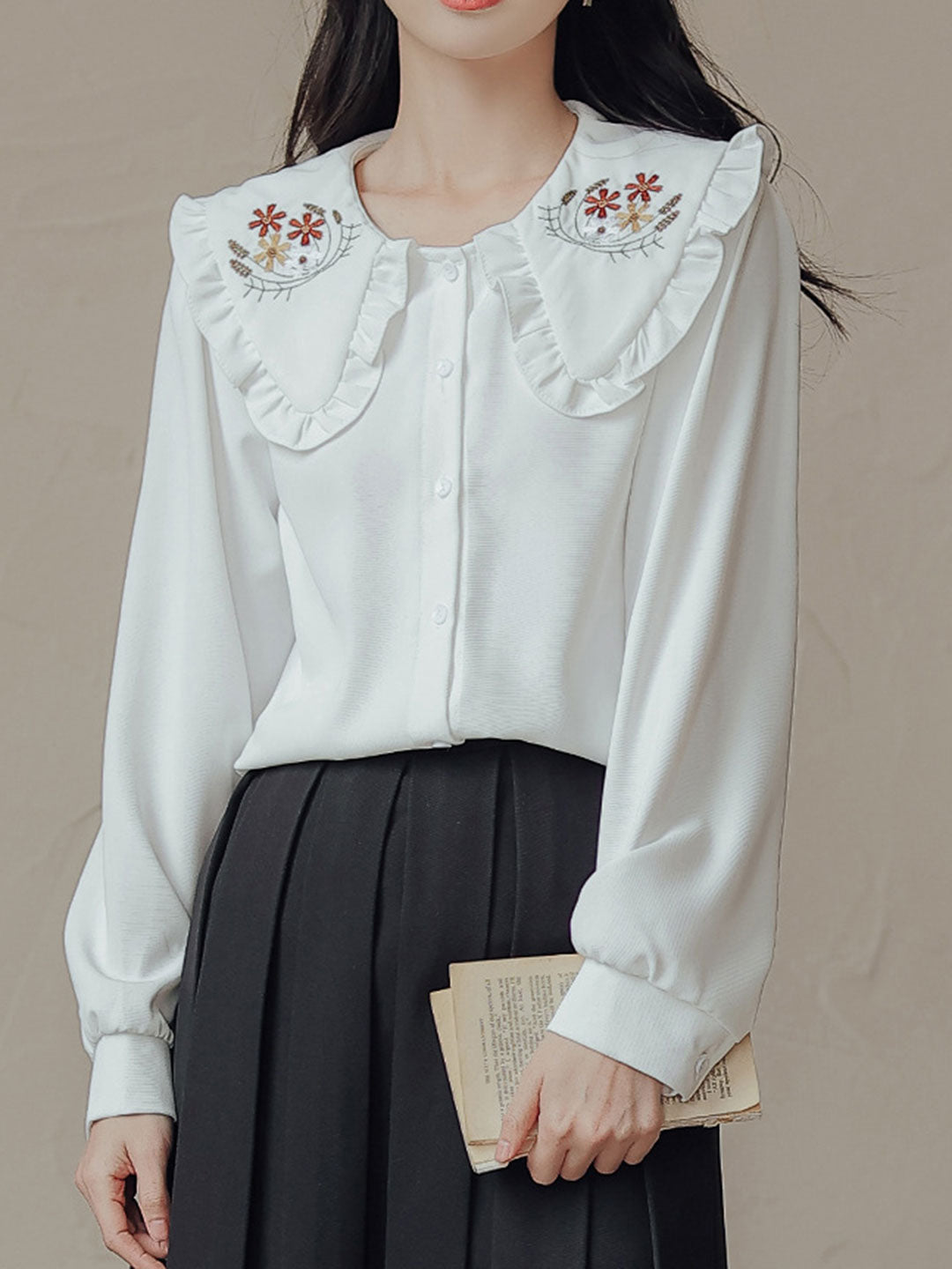 Candice Vintage Style Doll Collar Embroidered Shirt
