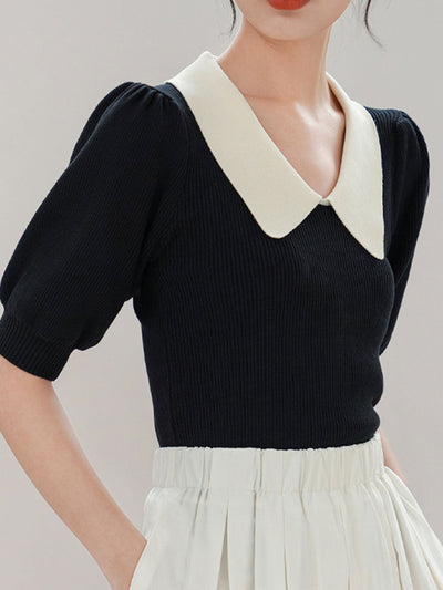 Alexis Retro Lapel Puff Sleeve Knitted Tops-Black