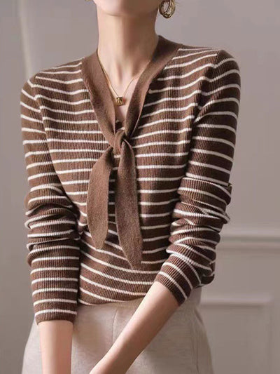 Chloe Vintage Bow Striped Knitted Top Sweater