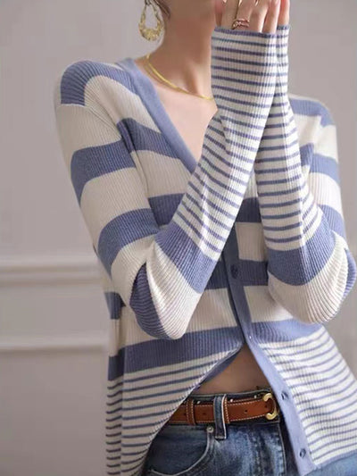 Maria Classic Striped Knitted Cardigan-Blue