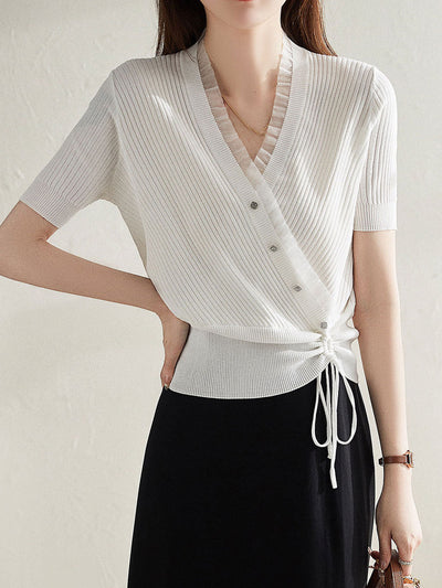 Sydney Elegant V-neck Drawstring Knitted Top-White